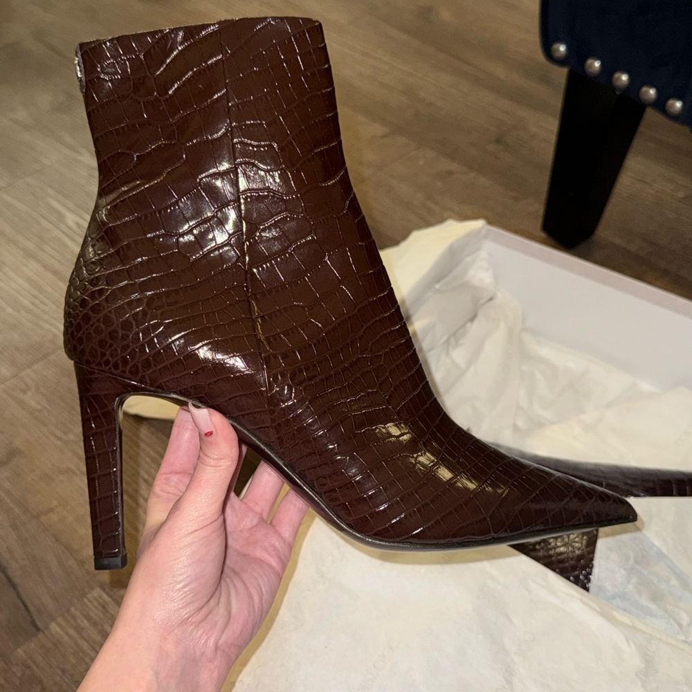 Jimmy Choo Frankie 85MM Embossed Leather Bootie Elegant Chocolate Brown Croc NWT - Picture 8 of 9